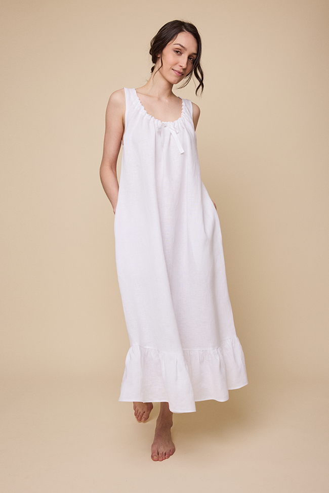 Long Sleeveless Nightie White Linen