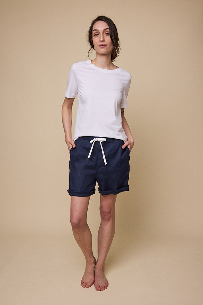 Set - Short Sleeve Cropped Sleep Shirt & Lounge Short Navy Linen