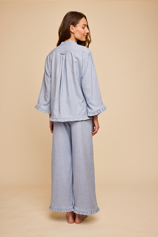 Ruffled Sleep Set Blue Herringbone Flannel