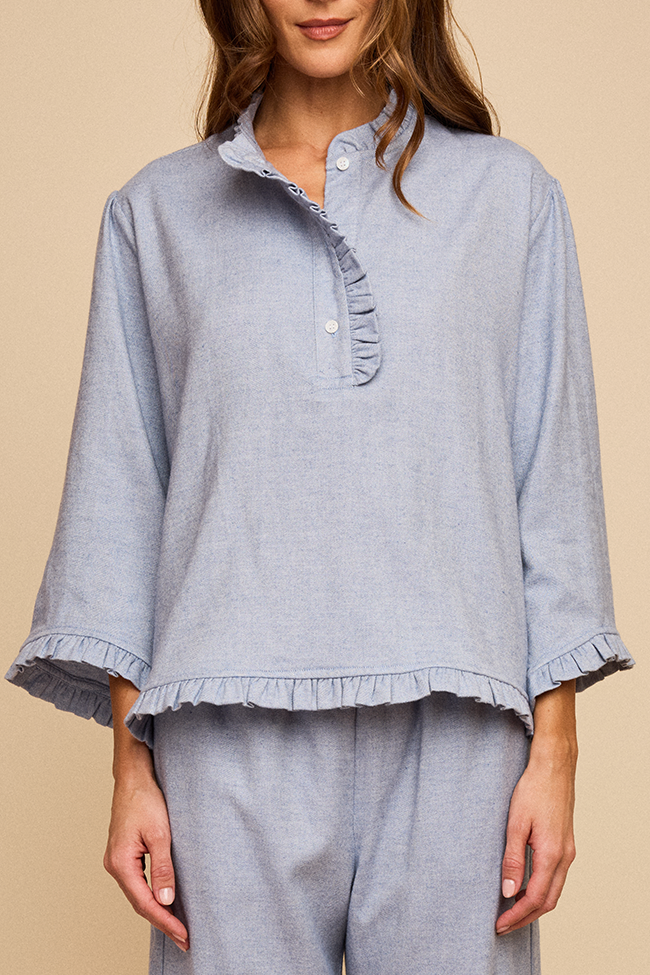 Ruffled Sleep Set Blue Herringbone Flannel