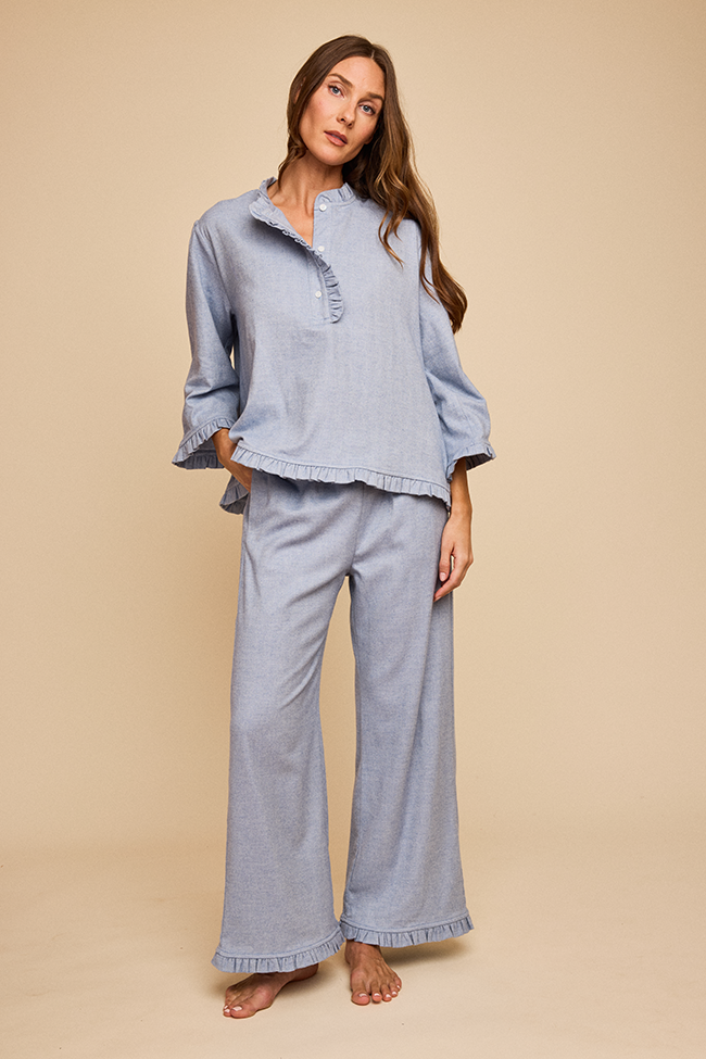 Ruffled Sleep Set Blue Herringbone Flannel