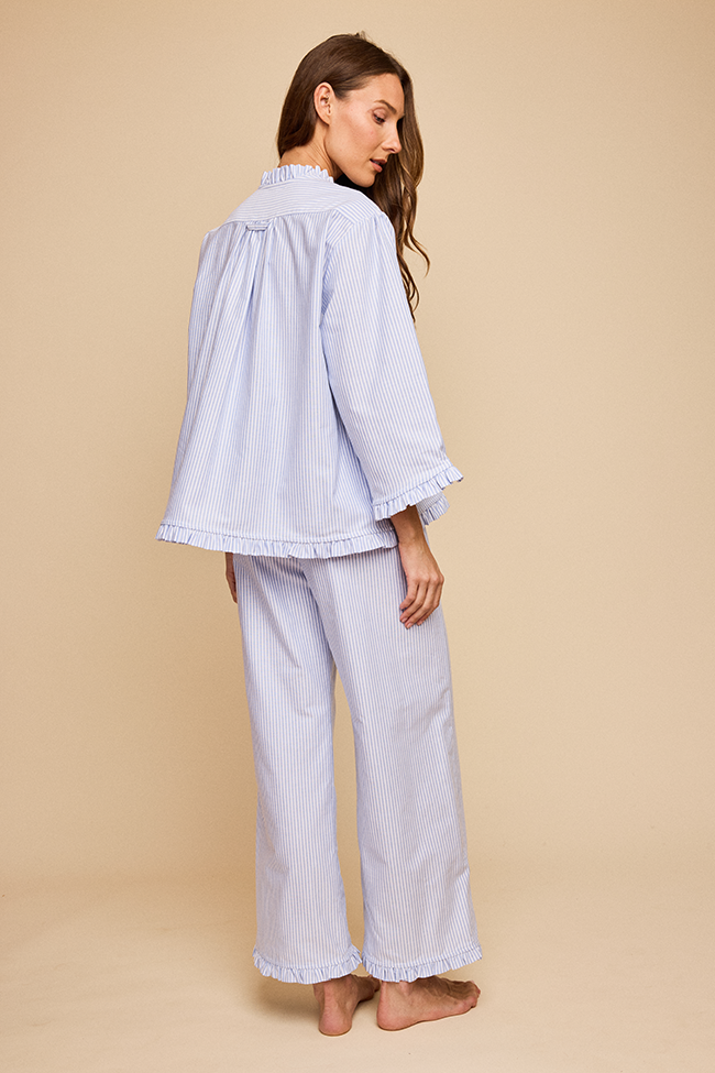 Ruffled Sleep Set Blue Oxford Stripe