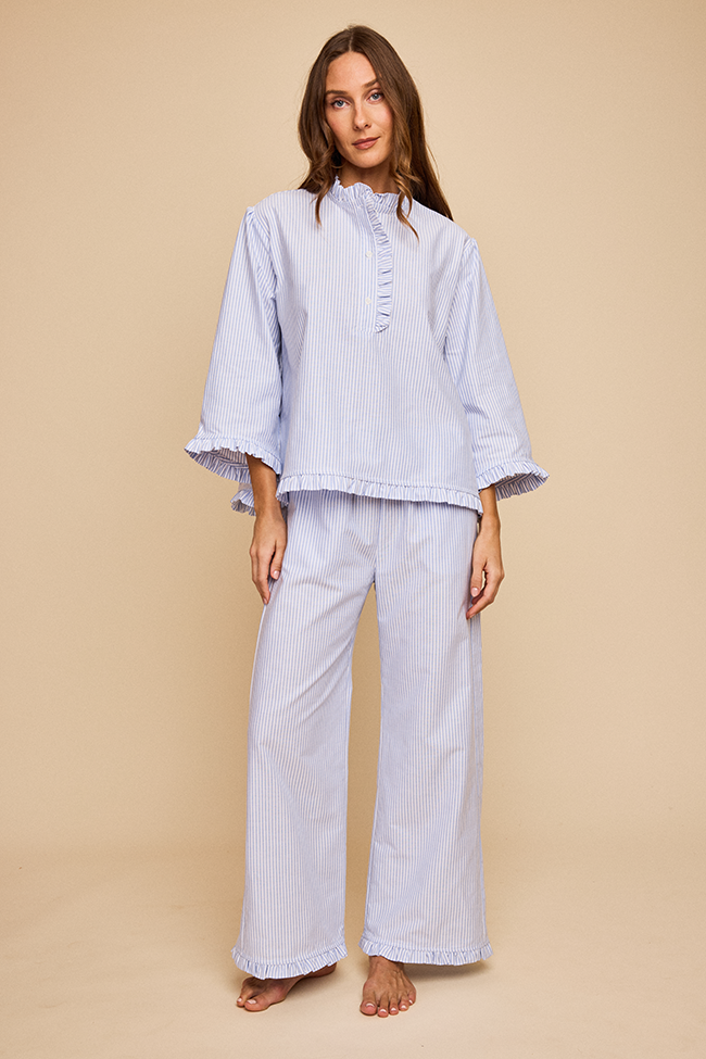 Ruffled Sleep Set Blue Oxford Stripe