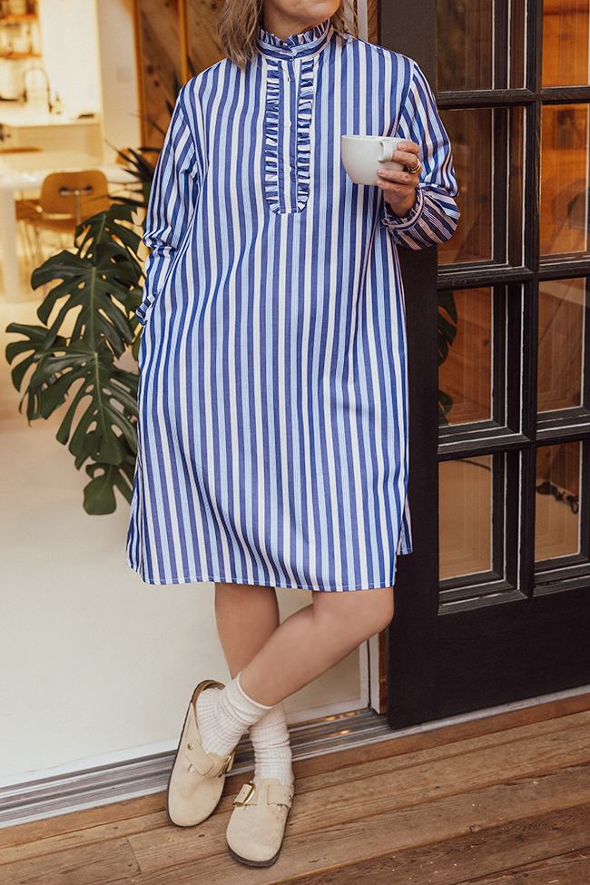 Long Ruffle Sleep Shirt Navy Taupe Stripe
