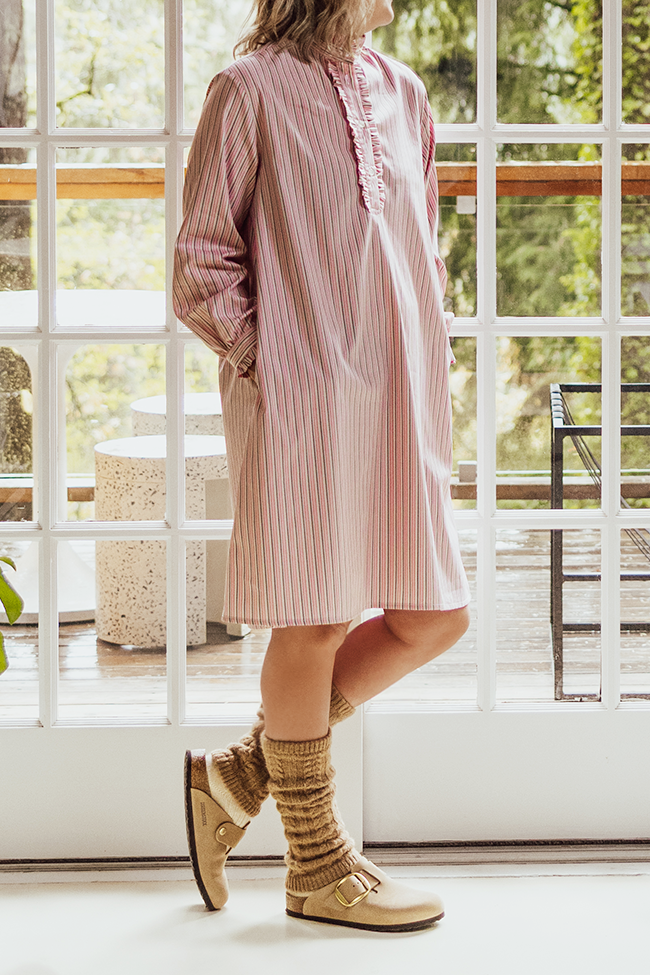 Long Ruffle Sleep Shirt Pink Taupe Stripe