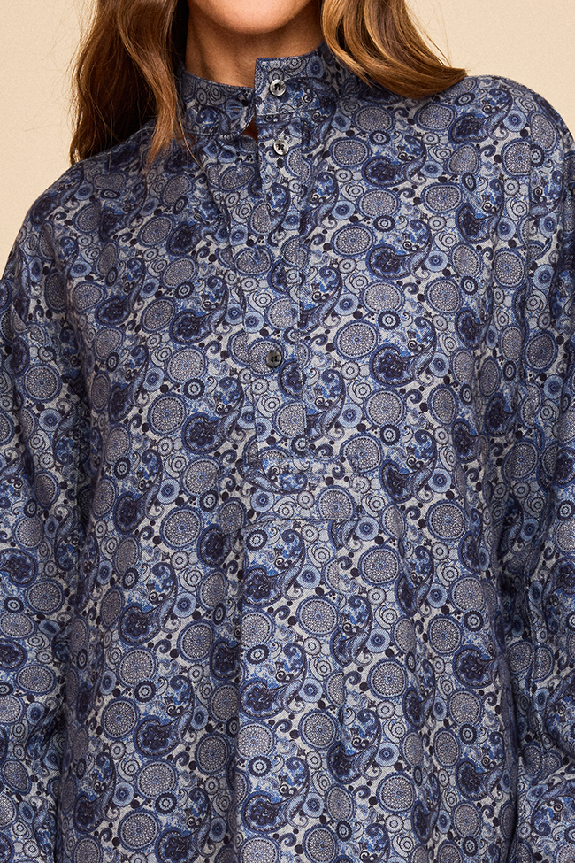 Short Sleep Shirt Navy Paisley Flannel