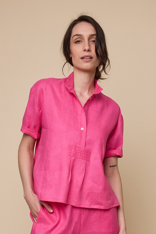 Short Sleeve Cropped Sleep Shirt Fuchsia Linen