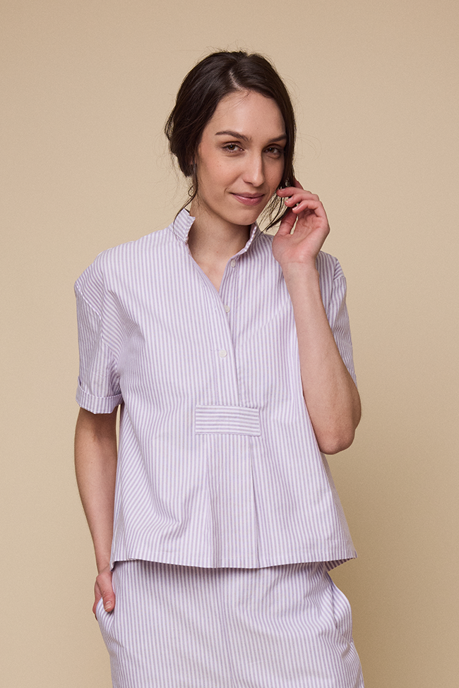 Short Sleeve Cropped Sleep Shirt Lavender Oxford Stripe