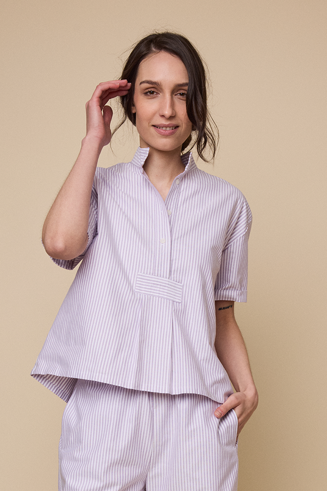Short Sleeve Cropped Sleep Shirt Lavender Oxford Stripe