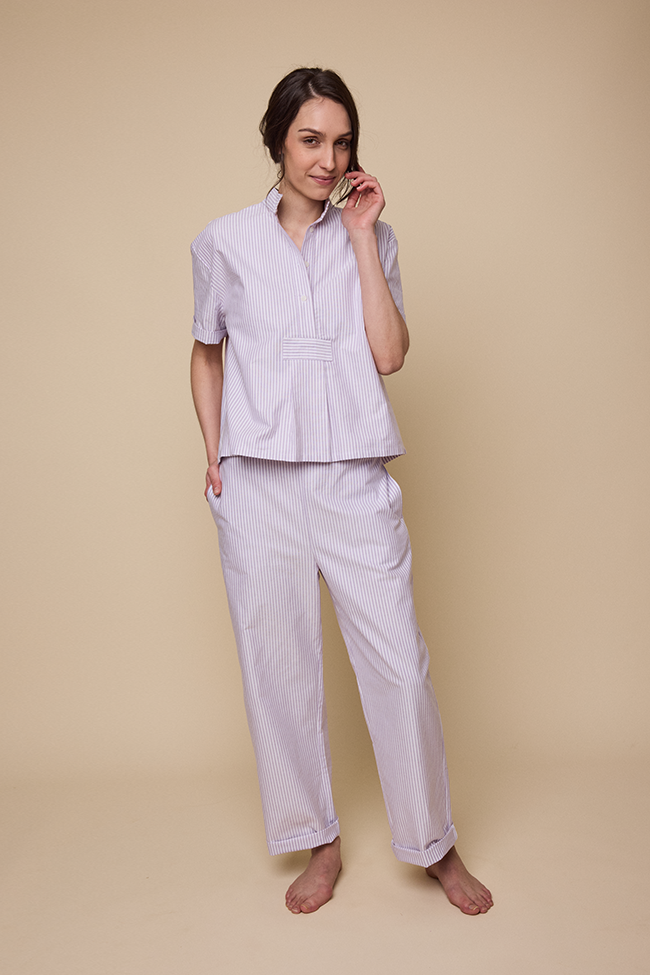 Short Sleeve Cropped Sleep Shirt Lavender Oxford Stripe
