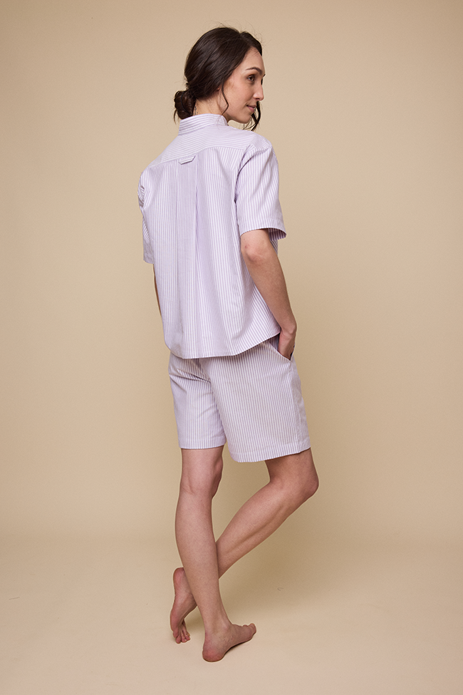 Set - Short Sleeve Cropped Sleep Shirt & Lounge Short Lavender Oxford Stripe