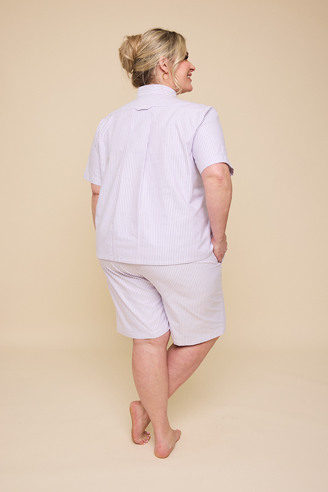 Set - Short Sleeve Cropped Sleep Shirt & Lounge Short Lavender Oxford Stripe