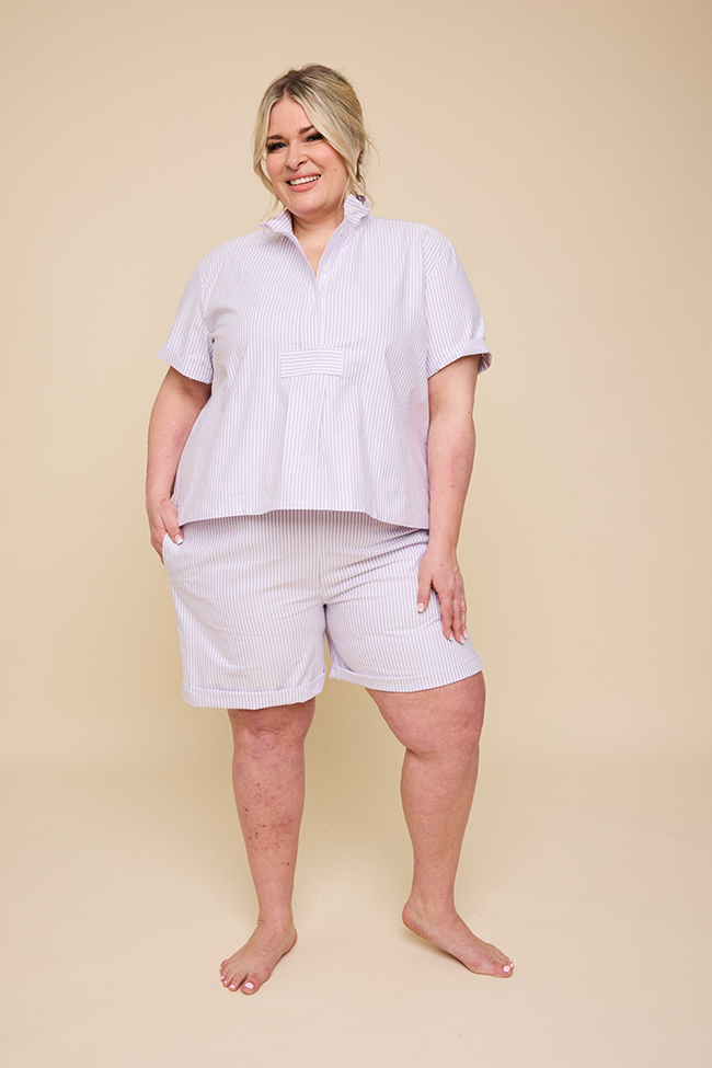 Set - Short Sleeve Cropped Sleep Shirt & Lounge Short Lavender Oxford Stripe