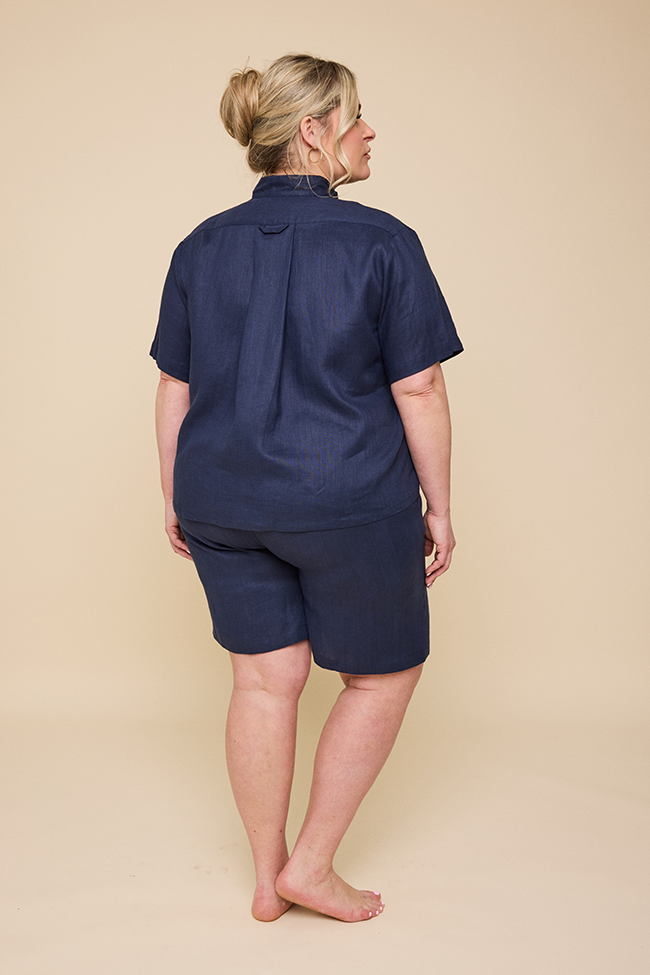 Set - Short Sleeve Cropped Sleep Shirt & Lounge Short Navy Linen