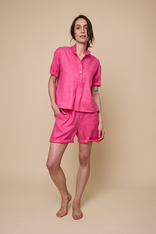 Short Sleeve Cropped Sleep Shirt Fuchsia Linen