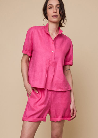 Set - Short Sleeve Cropped Sleep Shirt & Lounge Shorts Fuchsia Linen