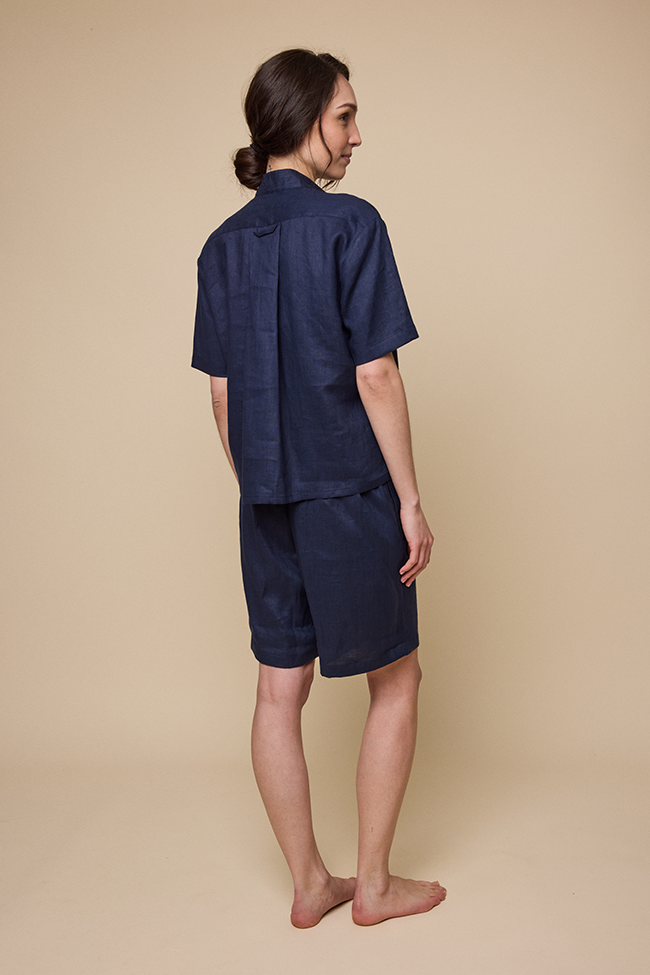 Set - Short Sleeve Cropped Sleep Shirt & Lounge Short Navy Linen