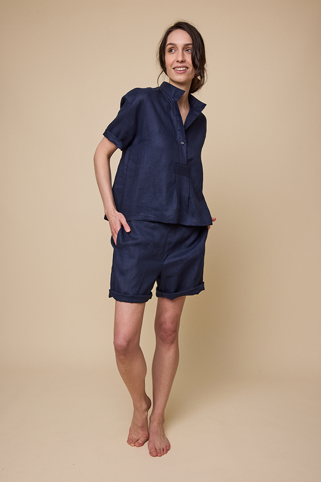 Set - Short Sleeve Cropped Sleep Shirt & Lounge Short Navy Linen