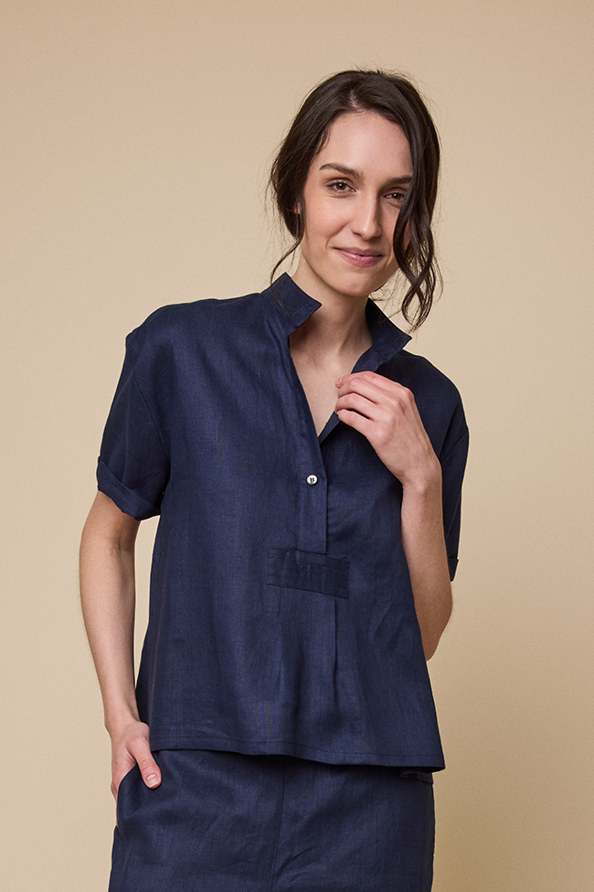 Short Sleeve Cropped Sleep Shirt Navy Linen