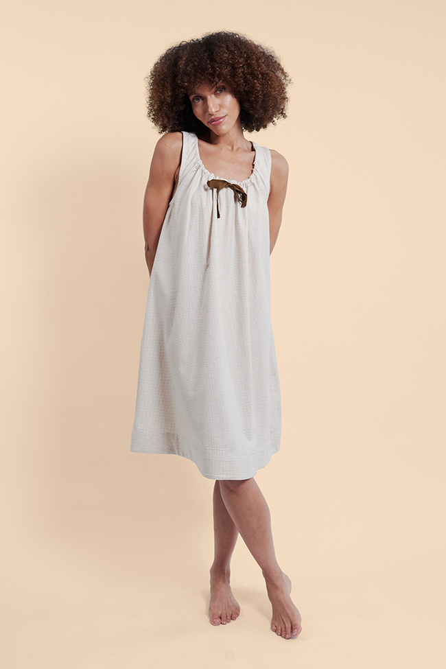 Sleeveless Nightie Tobacco Mini Windowpane Brushed Cotton