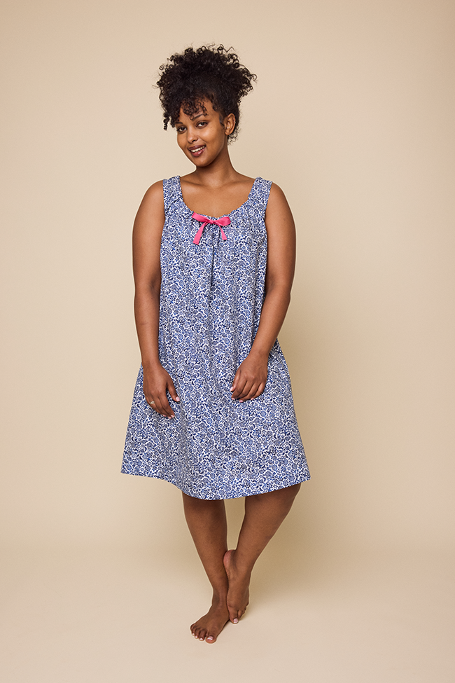 Sleeveless Nightie Blue Floral Cotton