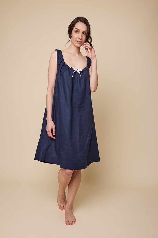 Sleeveless Nightie Navy Linen