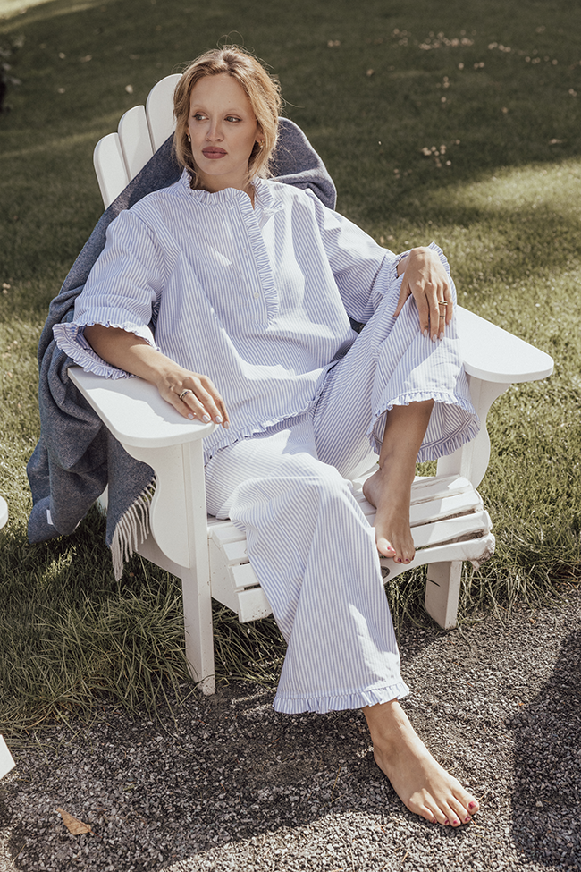 Ruffled Sleep Set Blue Oxford Stripe