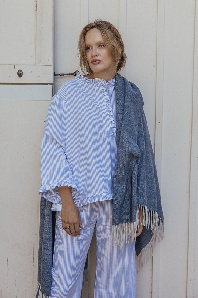 Ruffled Sleep Set Blue Oxford Stripe