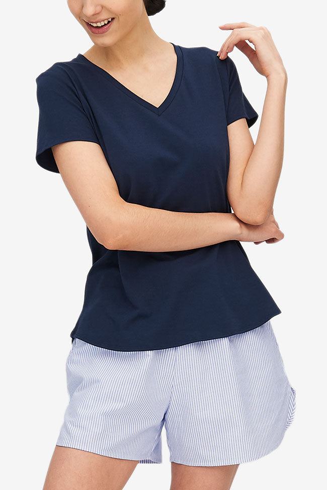 Short Sleeve V Neck T-Shirt Denim Blue Stretch Jersey