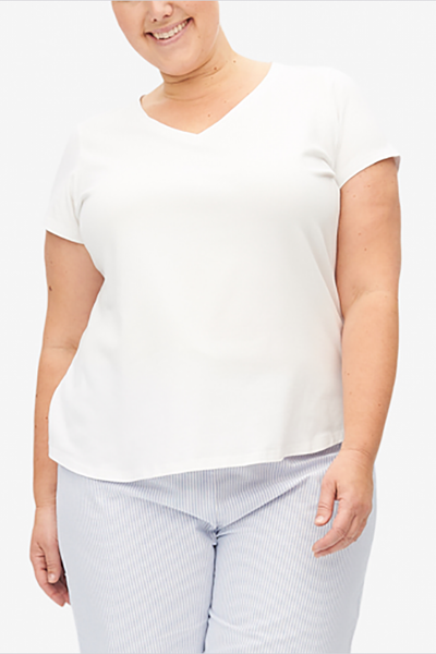 Short Sleeve V Neck T-Shirt White Stretch Jersey