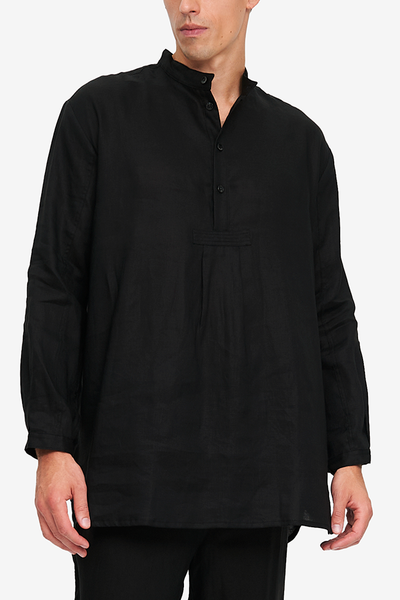 black, 100% linen men's pyjama shirt with long sleeves, popover style.  