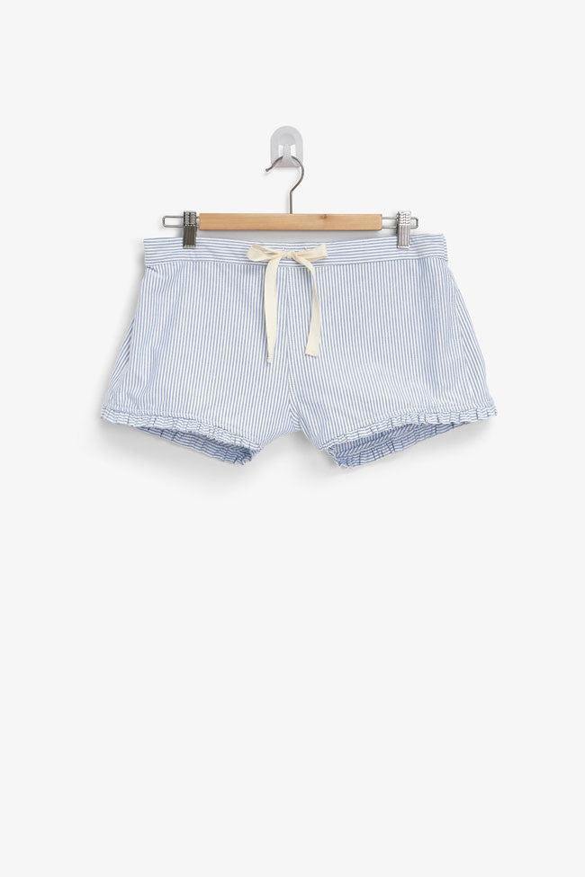 pajama shorts with ruffle hem in blue oxford stripe cotton by the Sleep Shirt