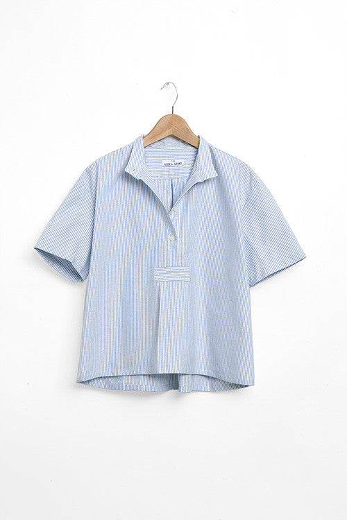 tshirt pajama set in blue oxford stripe cotton by The Sleep Shirt
