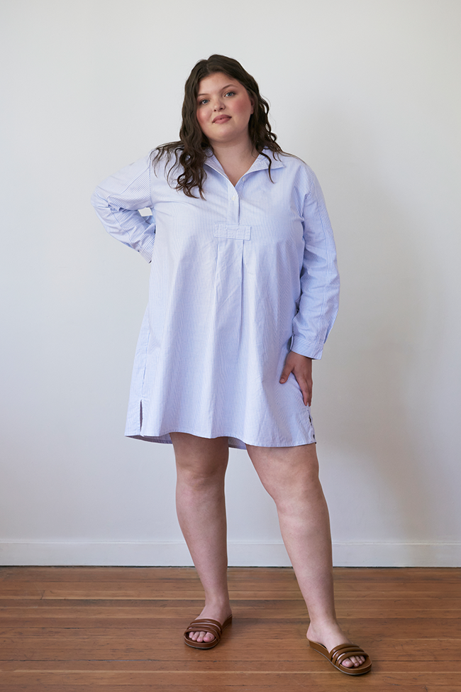 Short Sleep Shirt Blue Oxford Stripe