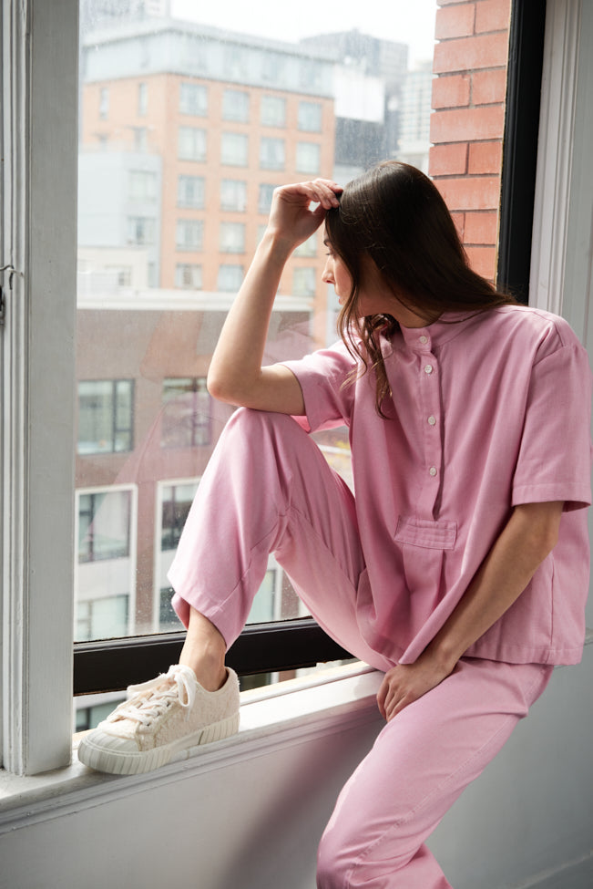 Set - Short Sleeve Cropped Sleep Shirt and Lounge Pant Pink Flannel