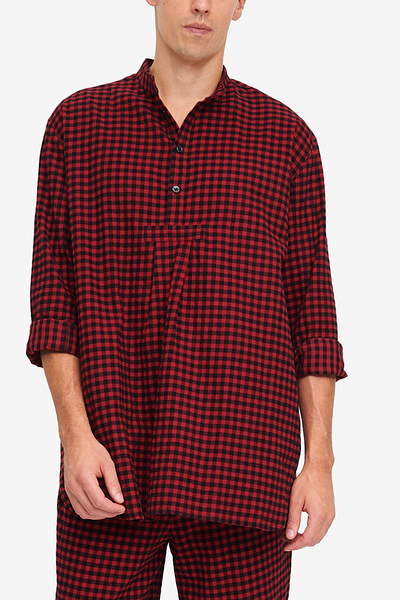 Men's pyjama popover pyjama shirt, stand collar and three quarter placket. Made in a classic red and black buffalo check cotton flannel.