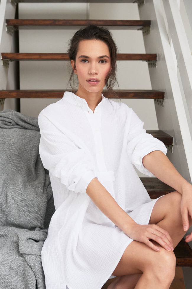 Short Sleep Shirt White Double Gauze