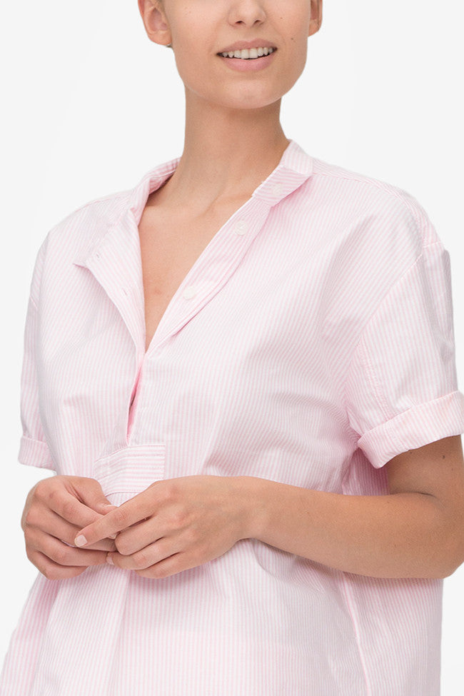 front closeup view tshirt pink oxford stripe cotton by the Sleep Shirt