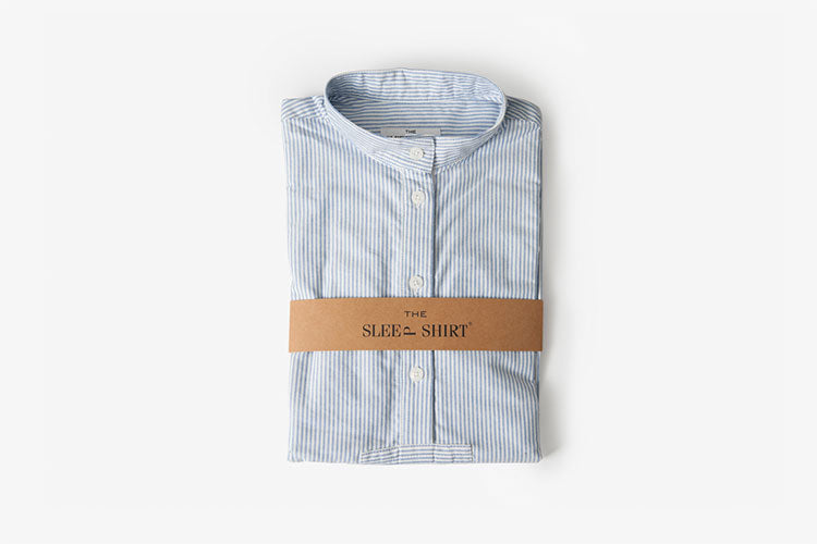 Best Selling Short Sleep Shirt in Blue Oxford Stripe cotton folded with paper bellyband 
