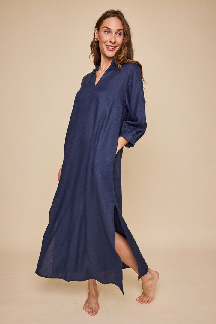 Bishop Sleeve Kaftan<br>in Navy Linen