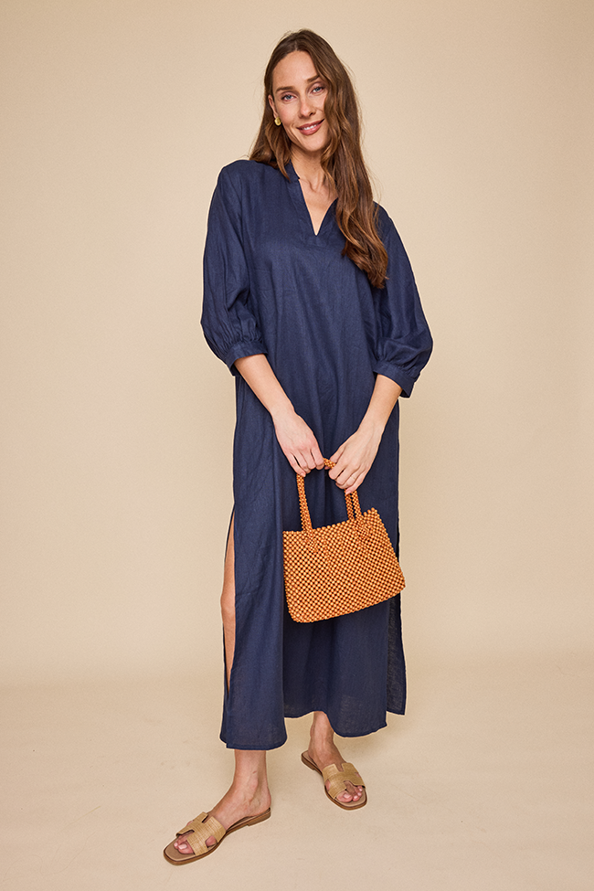 Bishop Sleeve Kaftan Navy Linen