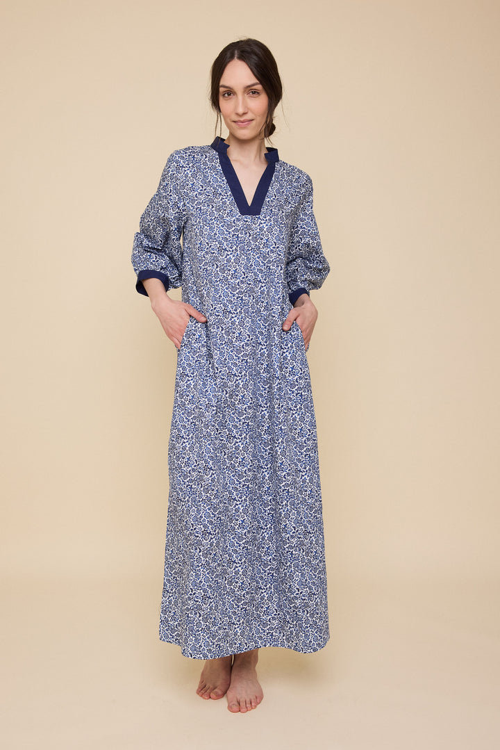 Bishop Sleeve Kaftan<br>in Blue Floral Cotton