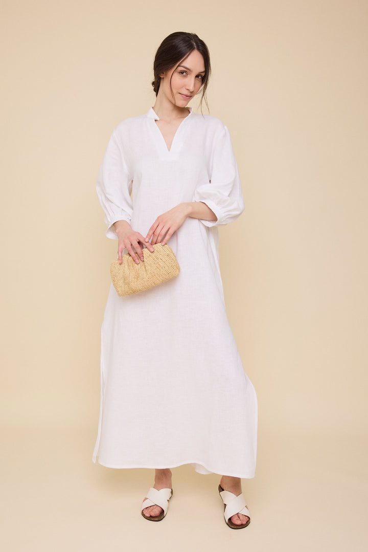 Bishop Sleeve Kaftan<br>in White Linen