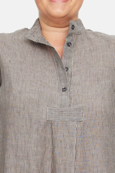 Short Sleep Shirt Black Natural Linen Stripe Plus