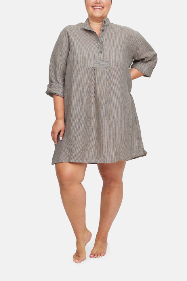 Short Sleep Shirt Black Natural Linen Stripe Plus