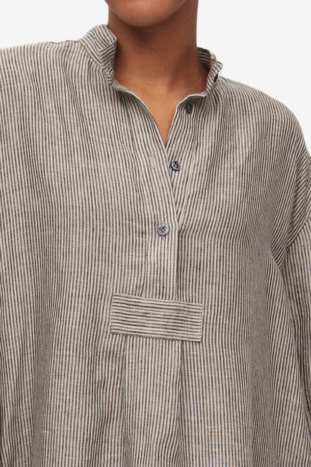 Short Sleep Shirt Black Natural Linen Stripe