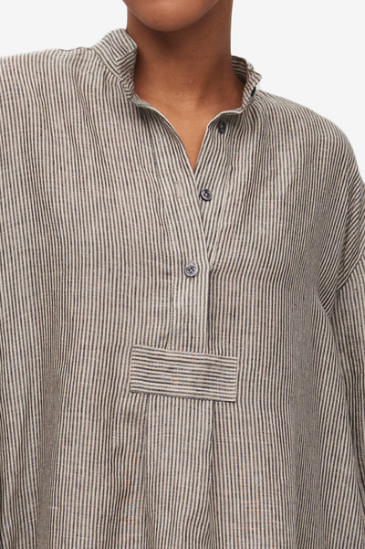 Short Sleep Shirt Black Natural Linen Stripe