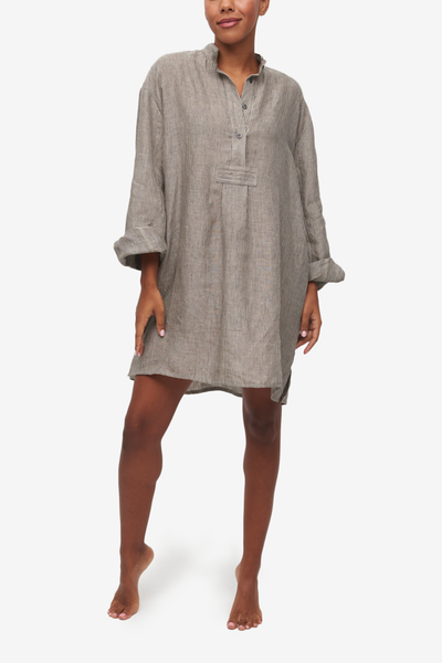 Short Sleep Shirt Black Natural Linen Stripe