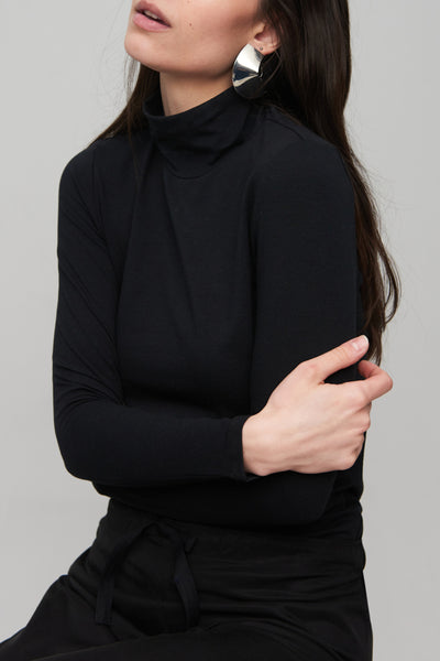 Long Sleeve Turtleneck Black Cotton Stretch Jersey