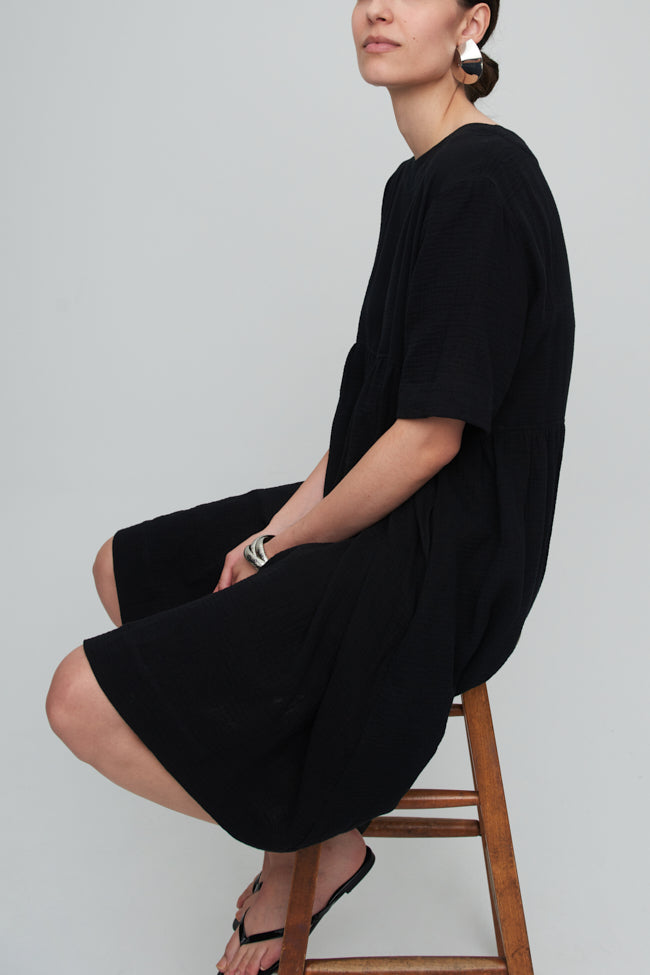 Smock Dress Black Double Gauze